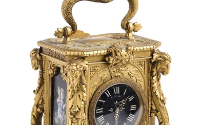A FRENCH GILT-BRONZE AND LIMOGES ENAMEL 'MIGNONETTE' CARRIAGE CLOCK, DROCOURT FOR AUGUSTE ECALLE, PARIS, LATE 19TH CENTURY