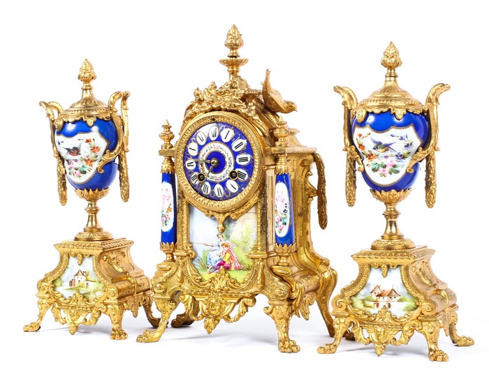 A French gilt-metal and Sevres-style porcelain mounted three piece mantle clock garniture