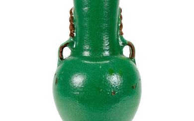 A GREEN AND WHITE GLAZED RED POTTERY TWO-HANDLED VASE SOUTHERN FRENCH OR MORROCAN, MODERN
