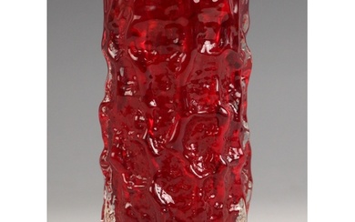 A Geoffrey Baxter for Whitefriars ruby red glass 'bark' vase...