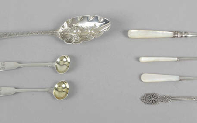 A George III silver 'berry' spoon, a pair of George IV Fiddle pattern mustard spoons, a Victorian dessert knife, plus four pickle forks & two butter knives.