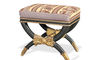 A German or North European early 19th century painted and parcel gilt x-frame stool