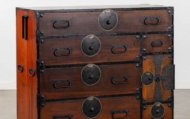A Japanese 'Tansu' clothing cabinet, wood mounted with metal. (L:43 x W:111 x H:91 cm)