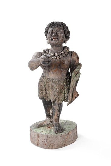 A LARGE CARVED AND POLYCHROME PAINTED TOBACCONIST'S FIGURE, 17TH OR EARLY 18TH CENTURY