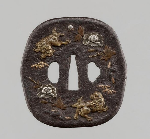 A LARGE TSUBA WITH SHISHI AND PEONIES, CERTIFIED