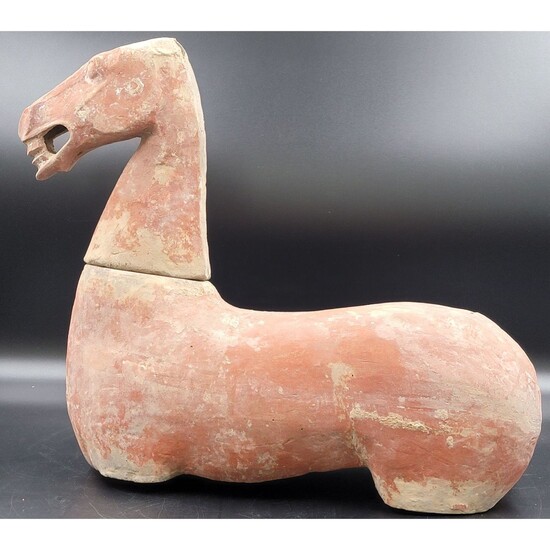 A Large Antique Polychrome Han Dynasty Seated Horse