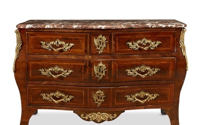 A Louis XV ormolu-mounted tulipwood and kingwood parquetry commode...