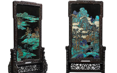 A MAGNIFICENT AND VERY RARE PAIR OF ZITAN-FRAMED KINGFISHER FEATHER-INLAID 'LANDSCAPE' SCREENS