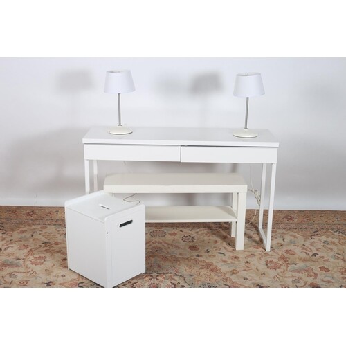 A MODERN WHITE MELAMINE AND METAL TWO DRAWER SIDE TABLE toge...