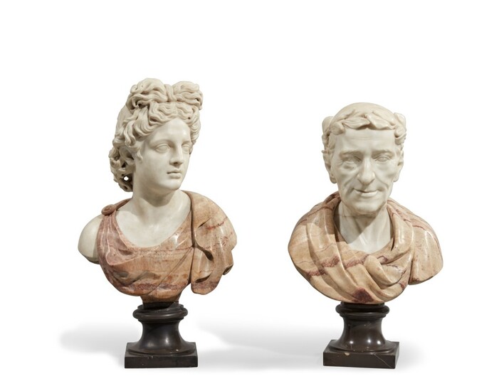 A Matched Pair of Italian Marble Busts of Apollo and a Roman Emperor, 18th Century