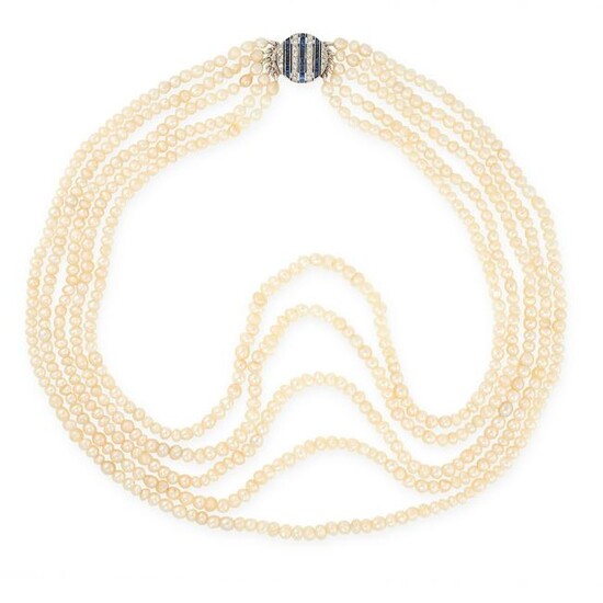 A NATURAL PEARL, SAPPHIRE AND DIAMOND NECKLACE, EARLY