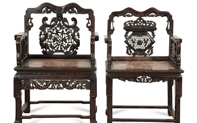 A Near Pair of Chinese Carved Hardstone-Mounted Hardwood Armchairs