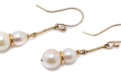 A PAIR OF 9CT GOLD PEARL EARRINGS; each a line drop set with a 7.6mm round and a 5.7mm drop shape cultured pearl, one with replaceme...