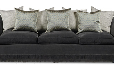 A PAIR OF BLUE VELVET UPHOLSTERED THREE SEAT SOFAS, BY A MODERN GRAND TOUR