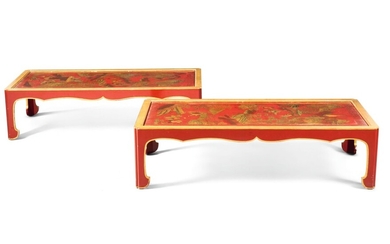 A PAIR OF CHINESE RED AND GILT LACQUER AND JAPANNED COFFEE TABLES, THE LACQUER 18TH/19TH CENTURY, THE FRAMES 20TH CENTURY AND PROBABLY BY MALLET