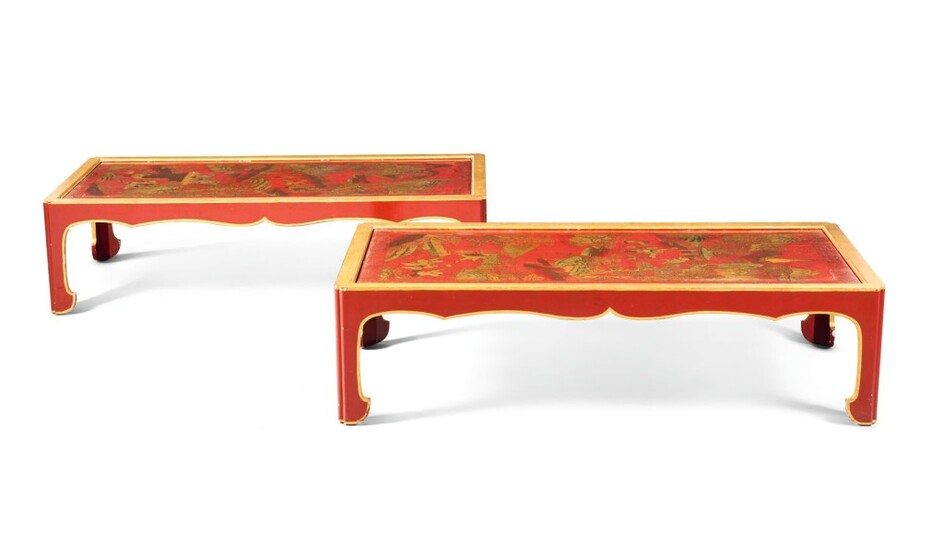 A PAIR OF CHINESE RED AND GILT LACQUER AND JAPANNED COFFEE TABLES, THE LACQUER 18TH/19TH CENTURY, THE FRAMES 20TH CENTURY AND PROBABLY BY MALLET