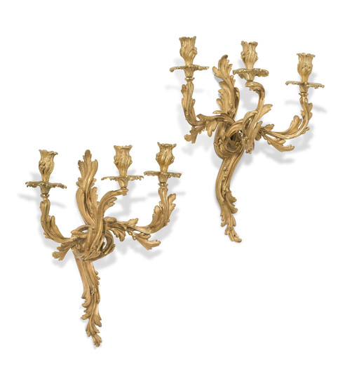 A PAIR OF FRENCH ORMOLU THREE-BRANCH WALL-LIGHTS, LATE 19TH/EARLY 20TH CENTURY, IN THE MANNER OF JEAN-CLAUDE DUPLESSIS