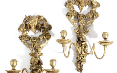 A PAIR OF GILTWOOD WALL LIGHTS 19TH CENTURY...