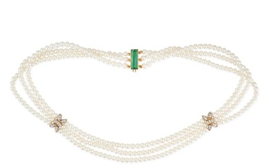 A PEARL, GREEN TOURMALINE AND DIAMOND NECKLACE comprising three rows of pearls accented by two
