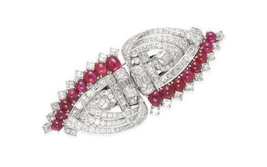 A PLATINUM, RUBY AND DIAMOND DOUBLE CLIP BROOCH, CIRCA 1930