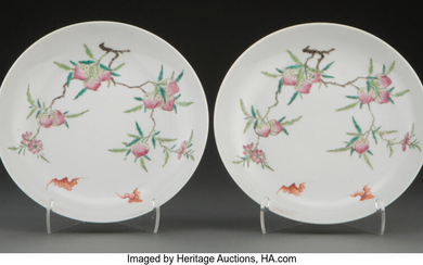 A Pair of Chinese Porcelain Famille Rose Peach and Bats Plates