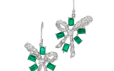 A Pair of Emerald, Diamond, Platinum and White Gold Ear Pendants