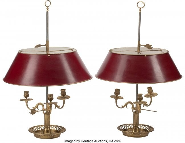 A Pair of French Gilt Bronze Buillotte Lamps wit