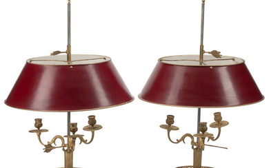 A Pair of French Gilt Bronze Lamps with Tole Shades