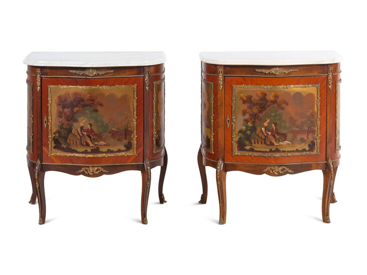 A Pair of Louis XV Style Gilt Metal Mounted Vernis Martin Marble-Top Commodes