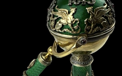 A Russian silver gilt green enamel and jewelled table lighter...
