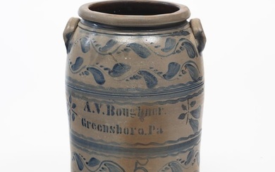 A SCARCE AND EXUBERANTLY DECORATED STONEWARE A.V. BOUGHNER (GREENSBORO, PA) FIVE GALLON CROCK.