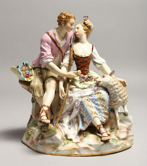 A SUPERB 19TH CENTURY MEISSEN FIGURE OF LOVERS seated
