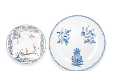 A VERTE-IMARI DISH AND AN UNUSUAL BLUE AND WHITE 'BOTANICAL' CHARGER