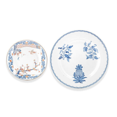 A VERTE-IMARI DISH AND AN UNUSUAL BLUE AND WHITE 'BOTANICAL' CHARGER