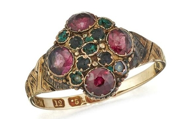 A VICTORIAN 12CT GOLD AND GEMSET RING, set with four