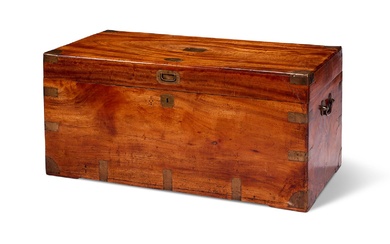 A VICTORIAN CAMPHOR WOOD AND BRASS BOUND CAMPAIGN TRUNK, MID 19TH CENTURY