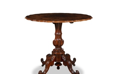 A VICTORIAN TILT-TOP BURR WALNUT TABLE, of shaped oval for...
