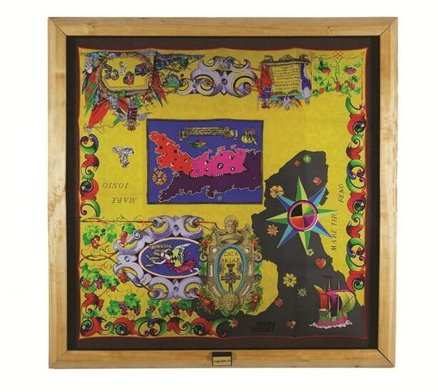 A Versace silk scarf mounted as a panel