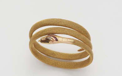 A Victorian 15k gold ruby and diamond flexible snake bangle.