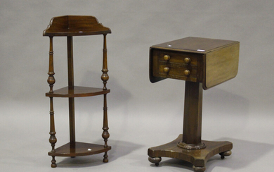 A Victorian mahogany drop-flap work table, height 71cm, width 74cm, depth 48cm, together with a thre
