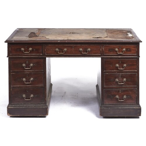 A Victorian mahogany pedestal desk, late 19th c, fitted nine...
