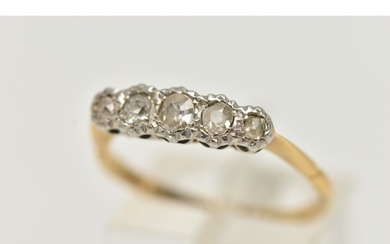 A YELLOW AND WHITE METAL DIAMOND FIVE STONE RING, set with f...