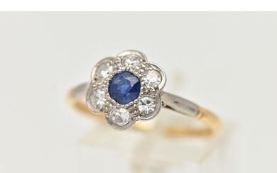 A YELLOW METAL SAPPHIRE AND DIAMOND CLUSTER RING, flower clu...