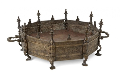 A bronze brazier, India, 18th century, of octagonal form, on eight feet, the decoration with foliated scrollworks, with handles, domed finials, 40cm. diam. Provenance: Nagel Auction Germany, Lot 271.