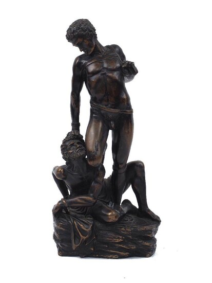 A bronze group of Honour Triumphant over Falsehoood, 20th century, after Vicenzo Danti, on an integrally cast naturalistic base bearing the inscription HOUDON, 39cm high Note: The standing figure in this group is inspired by the marble sculpture of...