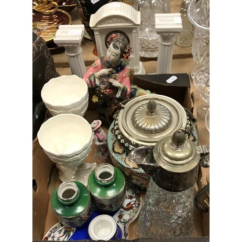 A collection of various china wares to include a Beleek mant...