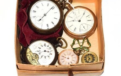 A collection of watches including two gun-metal pocket watches, two...