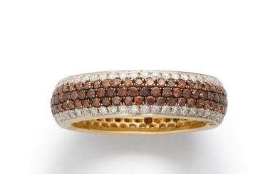 A colored diamond, diamond and fourteen karat gold ring