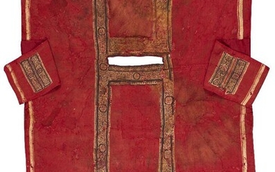 A composite Coptic linen and wool fragmentary tunic, circa 5th-7th century A.D., comprising two embroidered clavi down either side of the tunic, and a panel on each sleeve, a frieze of animals and birds, with border of spiral hooks, 124 cm. high...