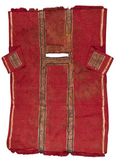 A composite Coptic linen and wool fragmentary tunic, circa 5th-7th century A.D., comprising two embroidered clavi down either side of the tunic, and a panel on each sleeve, a frieze of animals and birds, with border of spiral hooks, 124 cm. high...